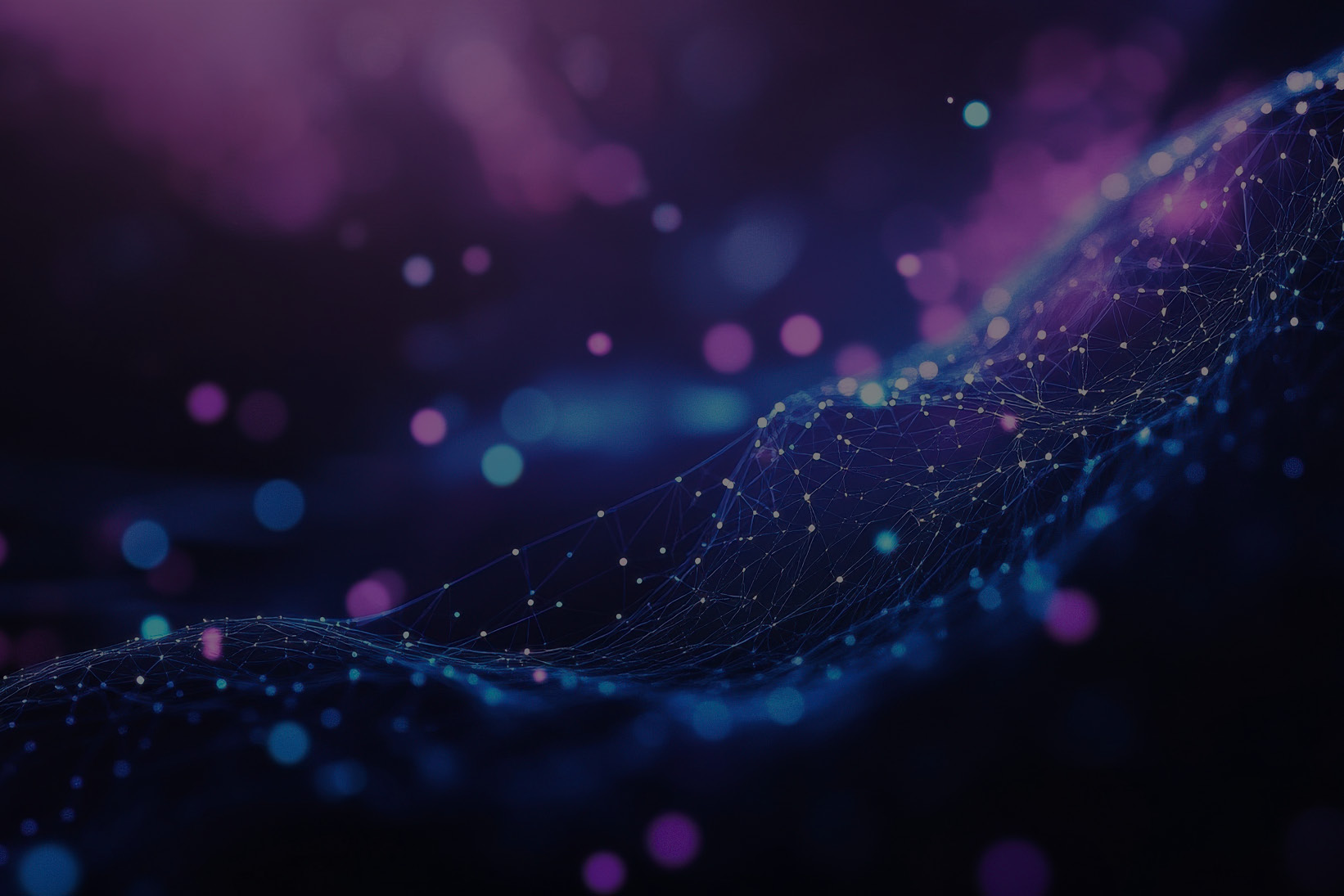 A futuristic digital landscape with a glowing network of interconnected nodes against a dark purple and blue background, symbolizing AI, big data, and digital transformation.