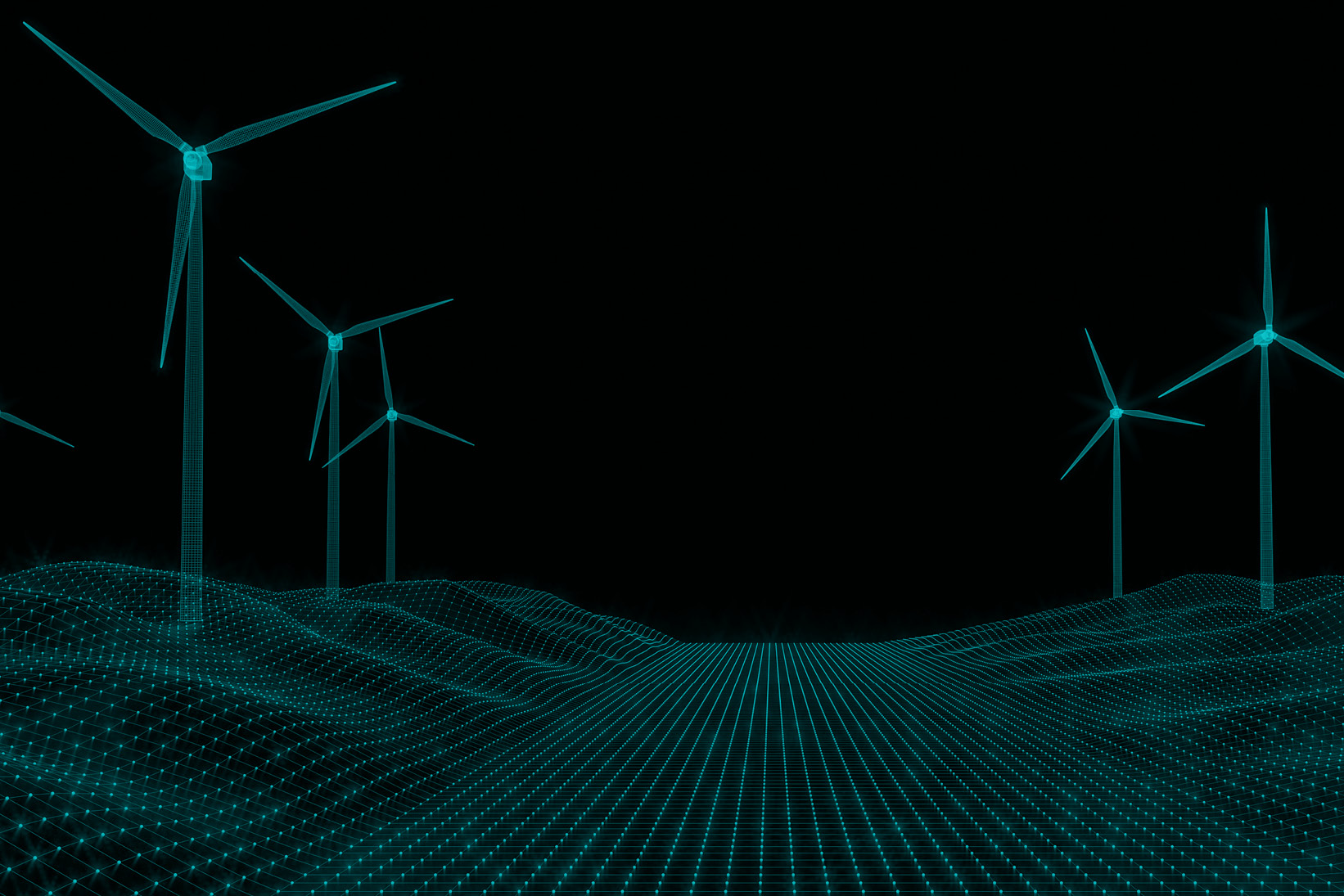A digital rendering of wind turbines on a futuristic grid landscape, with glowing teal lines forming a wireframe terrain, symbolizing renewable energy, technology integration, and smart infrastructure.