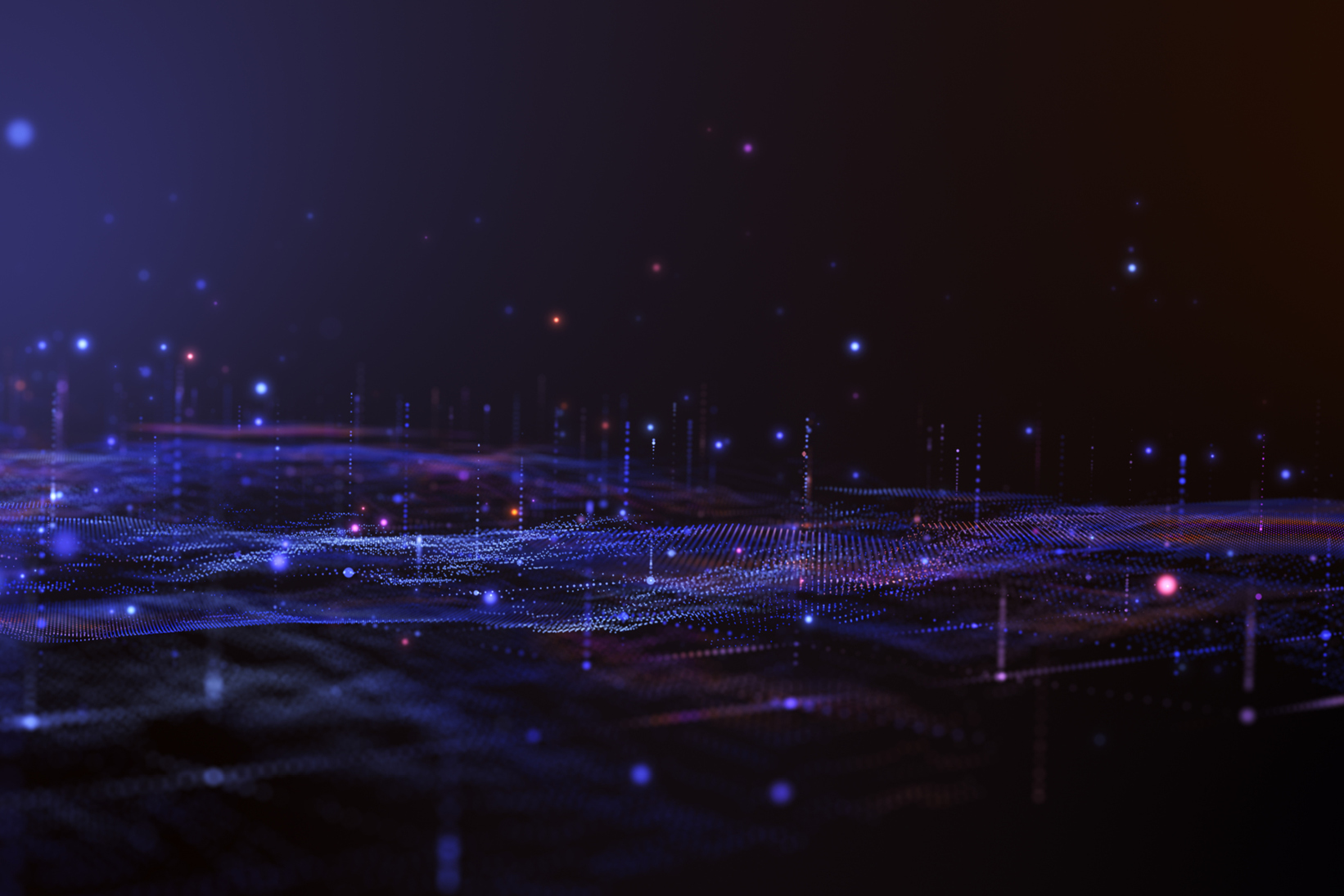 A futuristic digital landscape featuring glowing blue and purple data points interconnected in a wave-like pattern. The abstract visualization represents artificial intelligence, big data, or a digital network, set against a dark background with scattered floating light particles.