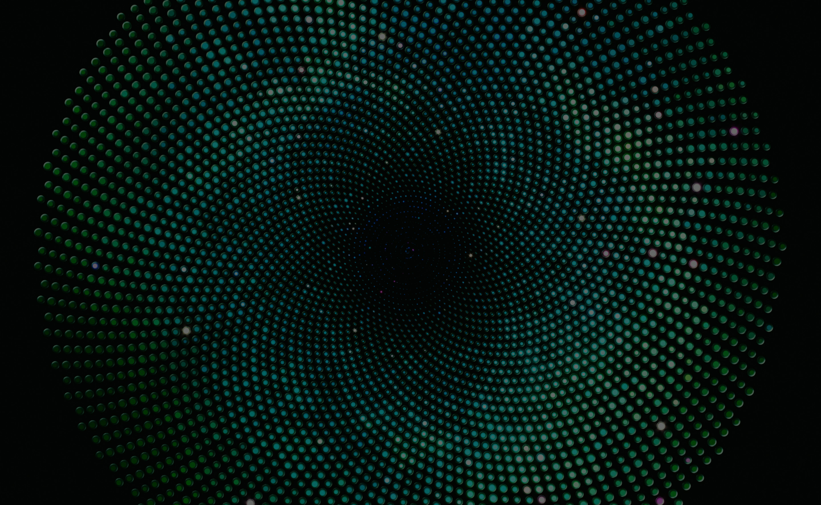 Abstract digital artwork featuring a radial pattern of glowing green and teal dots forming a hypnotic spiral against a dark background, symbolizing data flow, digital transformation, and futuristic technology.