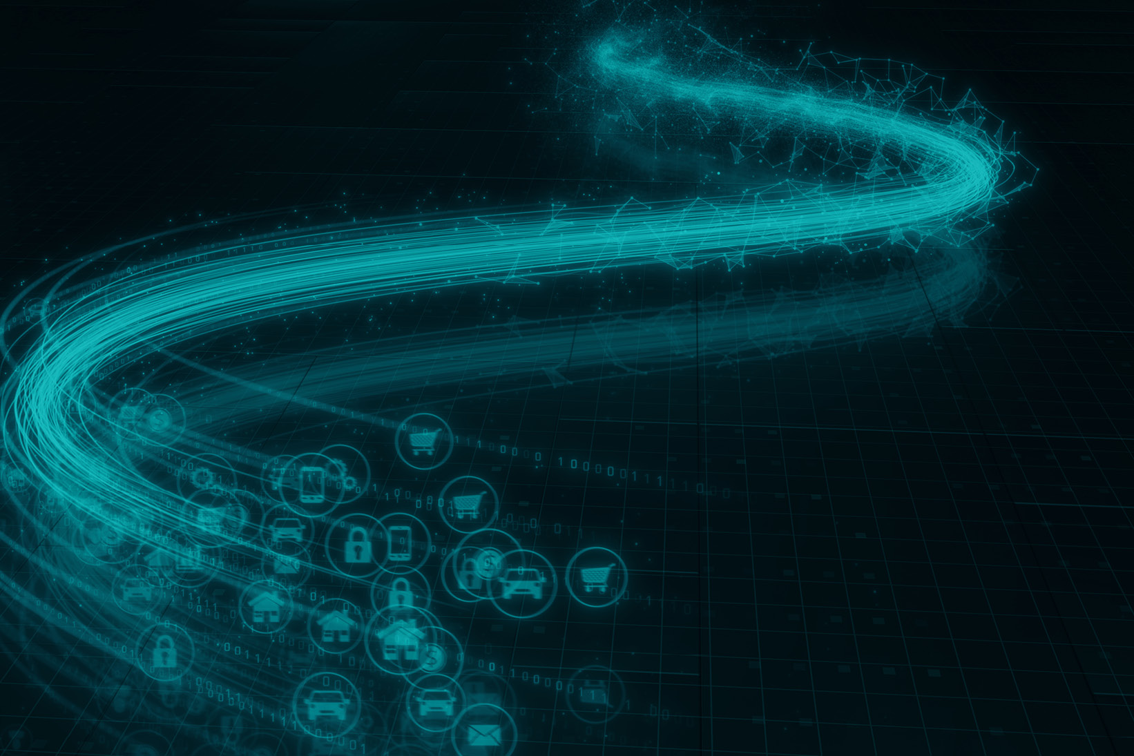 A futuristic digital visualization featuring a glowing cyan data stream curving across a dark grid background. Various digital icons, including security locks, shopping carts, houses, cars, and financial symbols, are interconnected, representing digital transactions, cybersecurity, and financial data flow. The abstract design conveys themes of financial technology, digital risk management, and data security. Risque de reputation, Institutions financières, Gestion des risques, Conformité réglementaire, Digitalisation des services, Gouvernance d’entreprise, Sanctions financières, Transparence et éthique, Crise réputationnelle, Cyberattaques et sécurité des données, Investisseurs et parties prenantes, Réglementation financière, Responsabilité sociale des entreprises (RSE), Critères ESG (Environnementaux, Sociaux et Gouvernance), Greenwashing et image de marque, Surveillance des réseaux sociaux, Prévention des frauds, Communication en cas de crise, Normes européennes et internationals, Gestion de la réputation en ligne