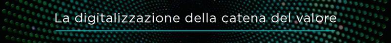 Banner with the Italian text "La digitalizzazione della catena del valore" displayed over a background of glowing green and teal dots in a radial pattern, representing technology and data transformation.