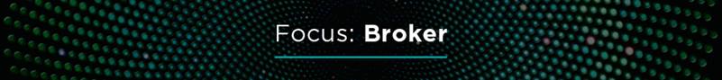 Banner with the Italian text "Focus: Broker" displayed over a background of glowing green and teal dots in a radial pattern, representing technology and data transformation.