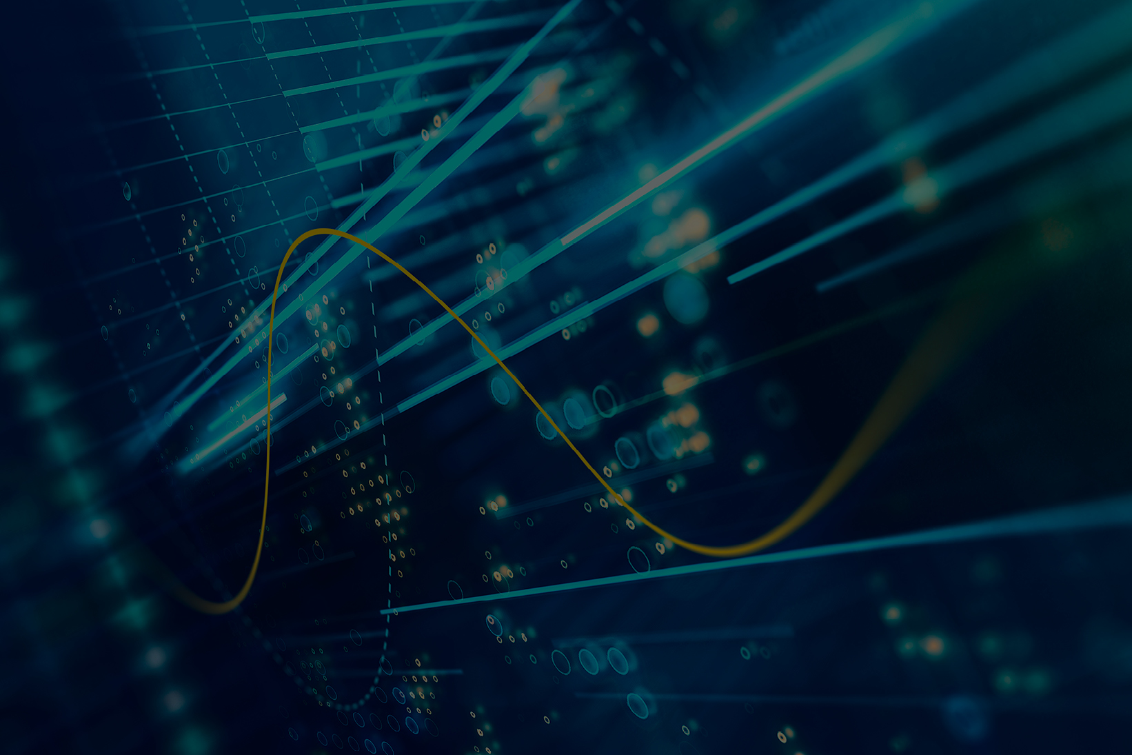 Abstract digital visualization showing data points, grid lines, and a smooth yellow trend line over a dark blue background, representing data analytics or financial technology concepts