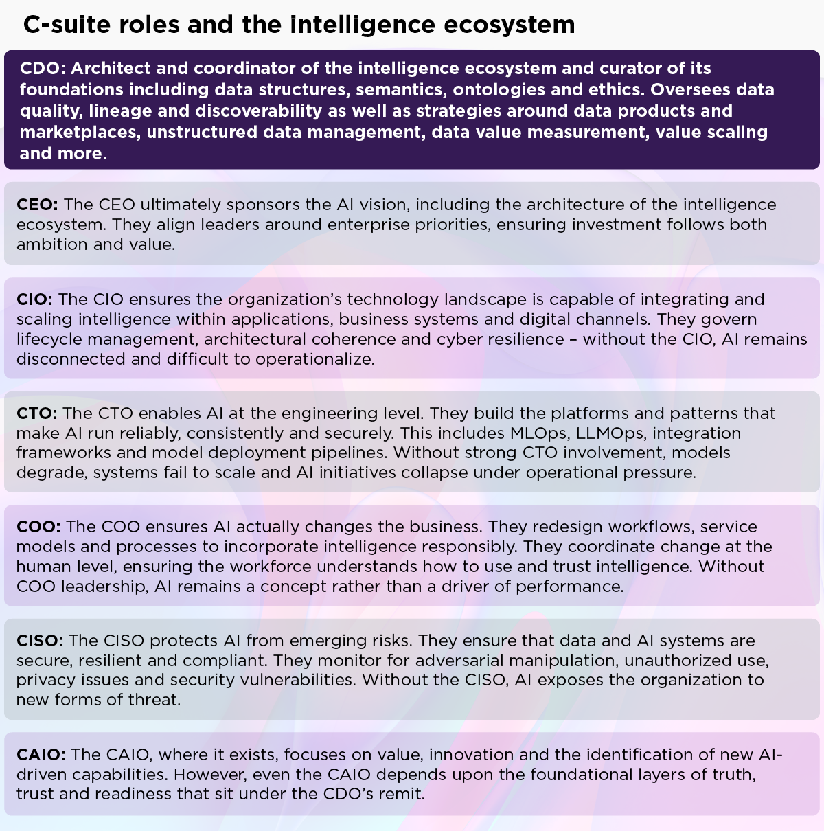 List describing C-suite roles and their responsibilities within the intelligence ecosystem, including CDO, CEO, CIO, CTO, COO, CISO and CAIO.