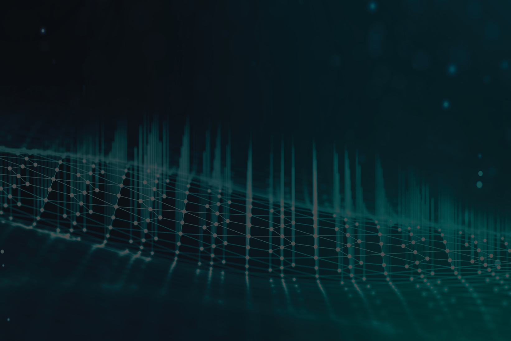 Abstract digital network with connected nodes and vertical data signals on a dark background.