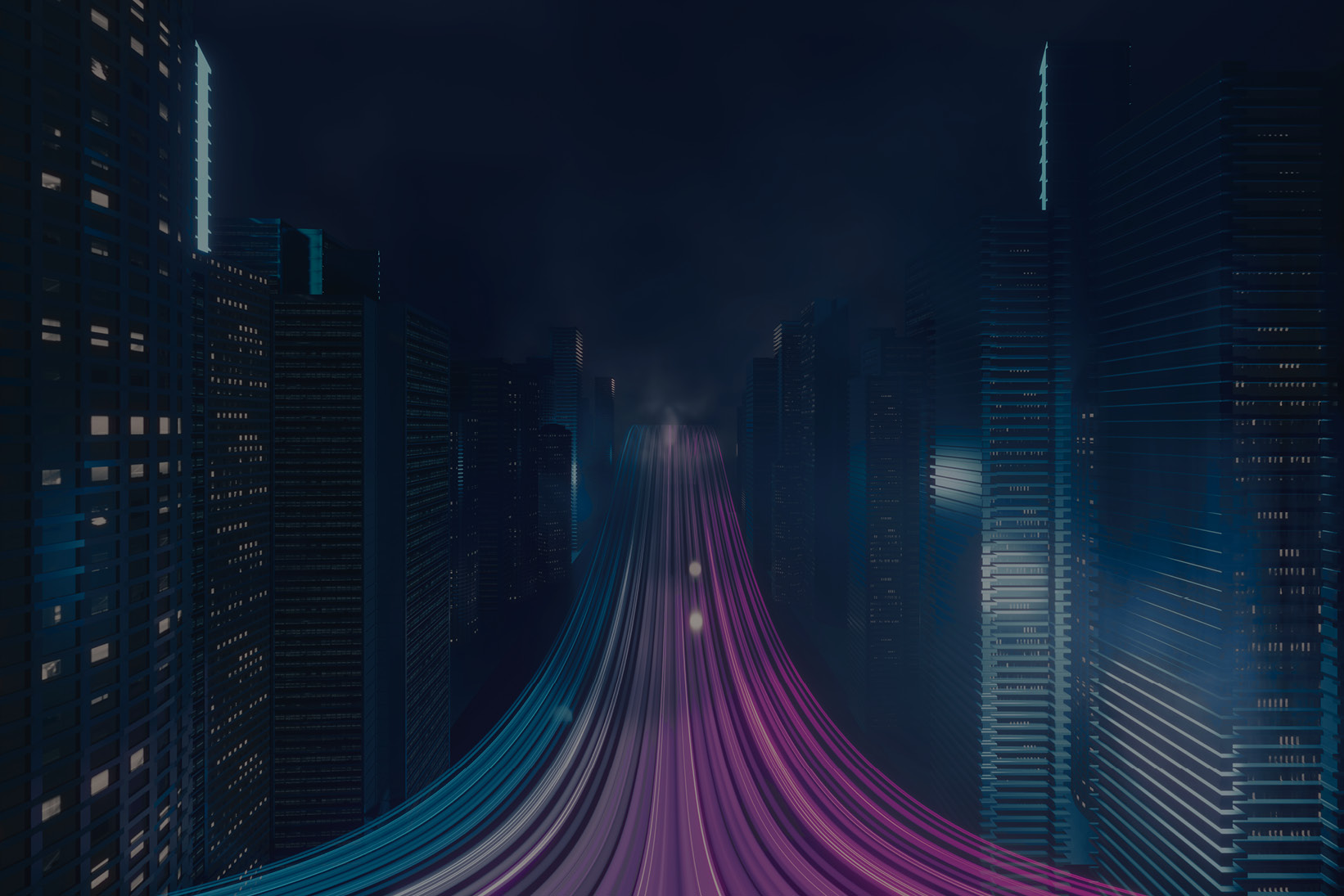 Futuristic city skyline with flowing light trails representing data and connectivity.