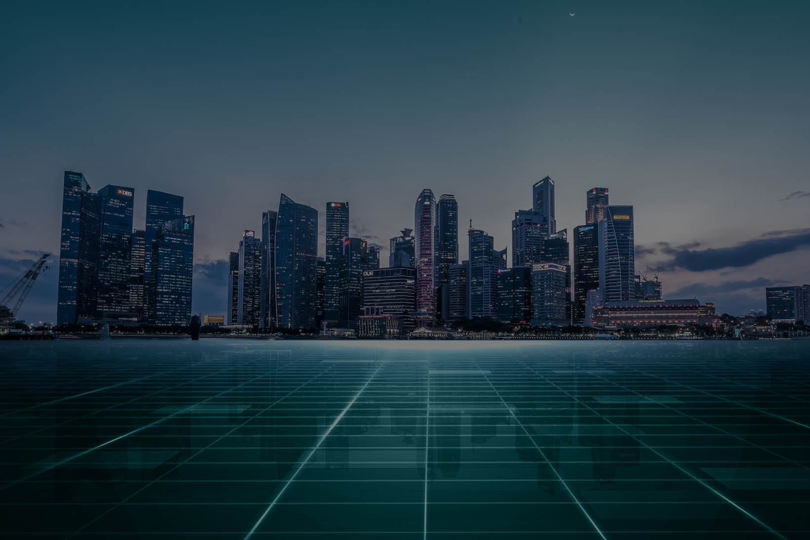 City skyline with digital grid foreground representing data-driven financial services.