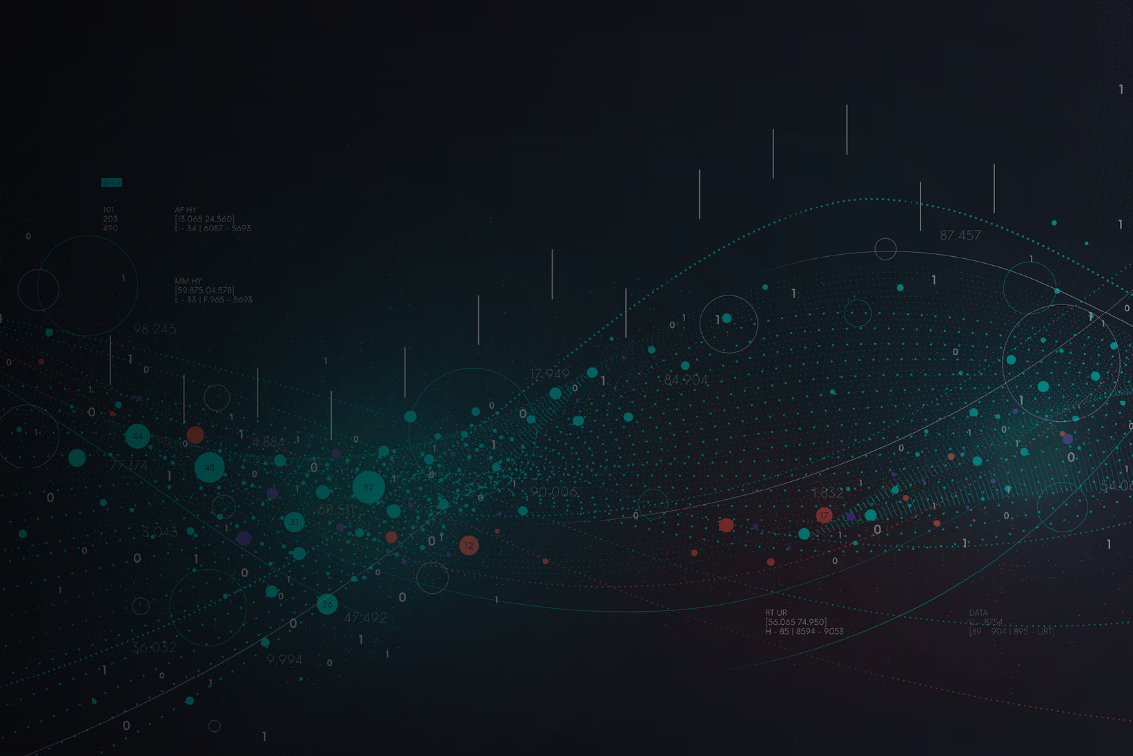 Abstract financial data visualization with flowing lines, dots, and analytics overlays on a dark background.