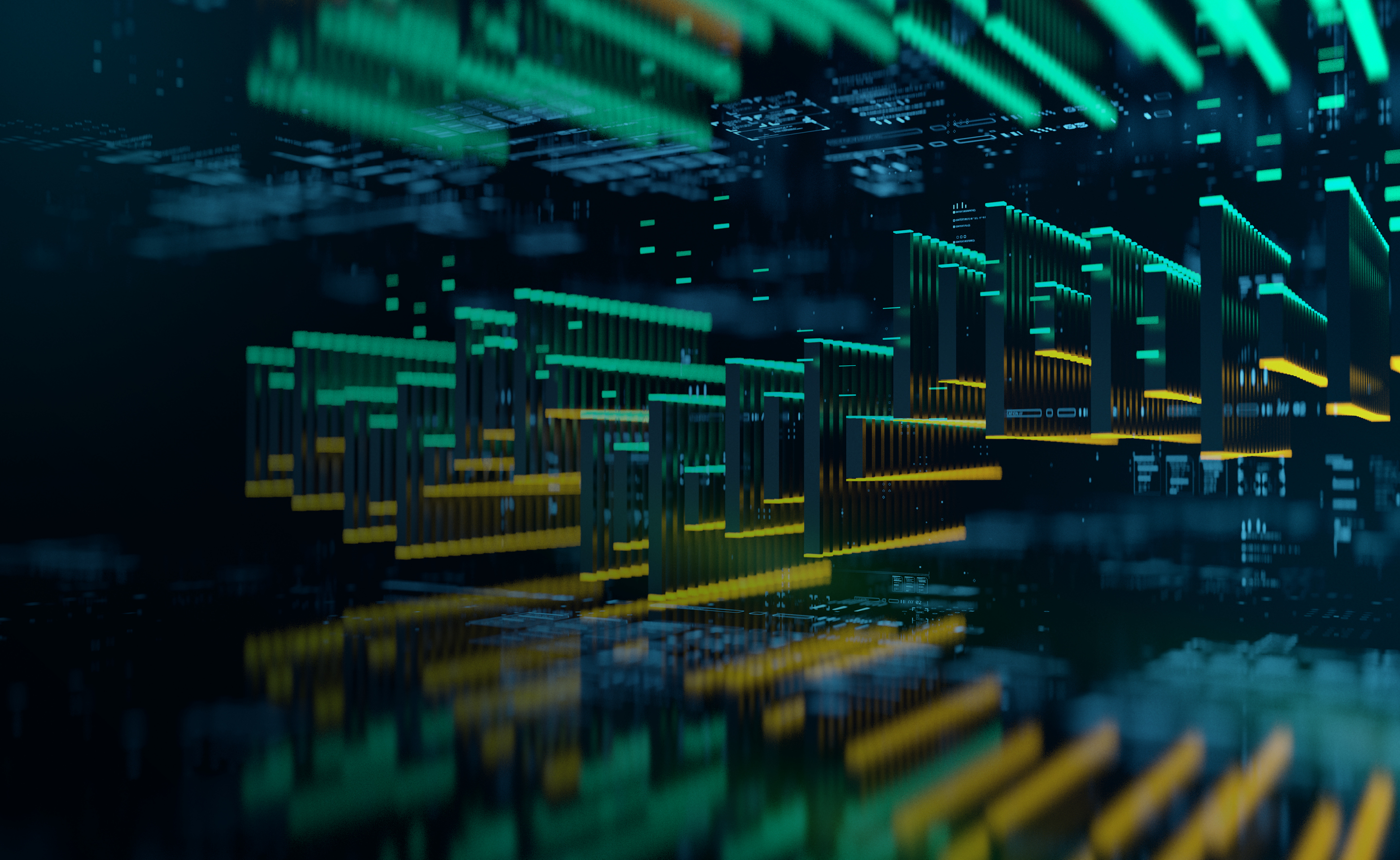 Abstract visualization of digital data structures with green and yellow bars on a dark background.