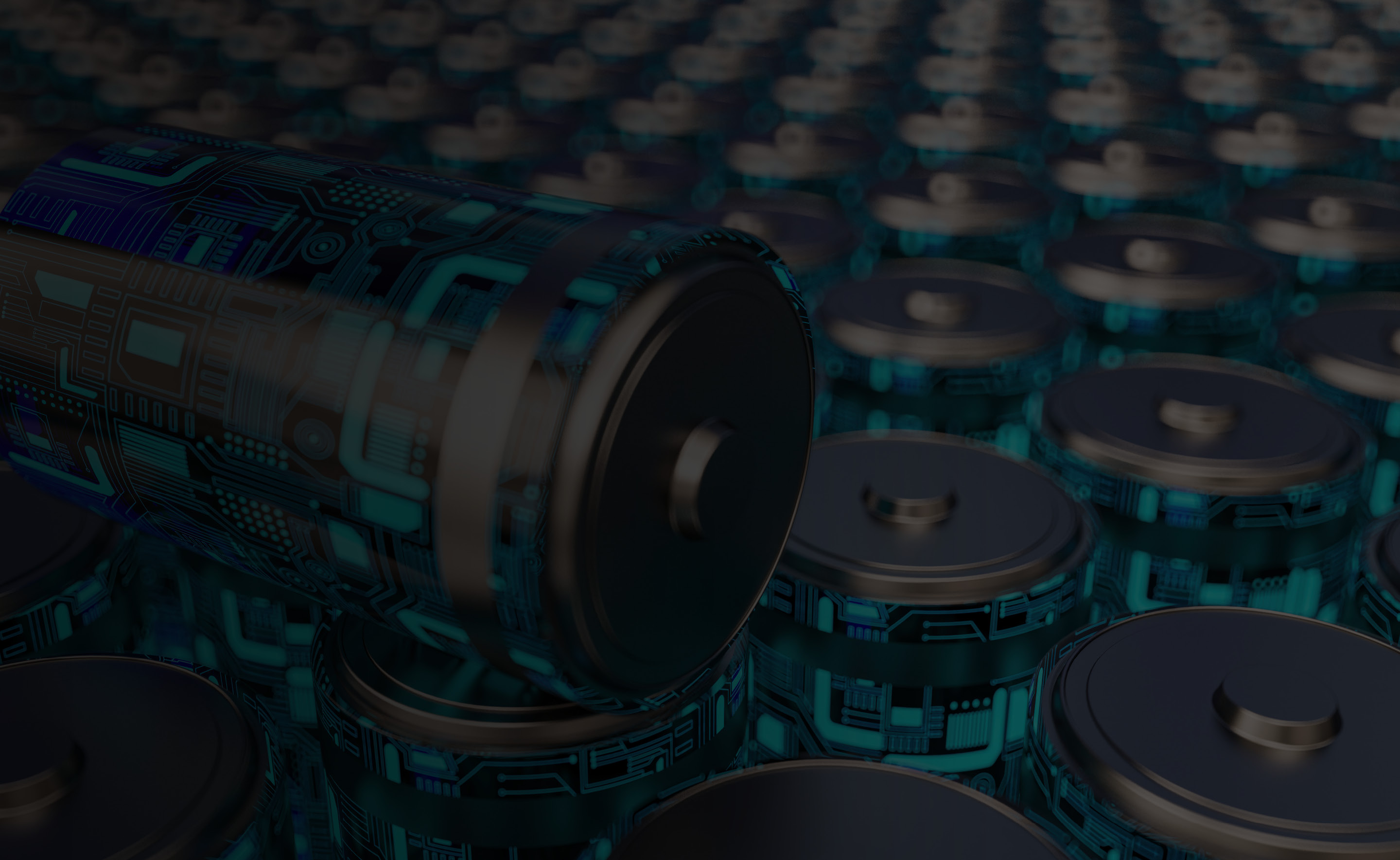 Digital illustration of futuristic battery units with circuit patterns, symbolizing energy storage and technology.