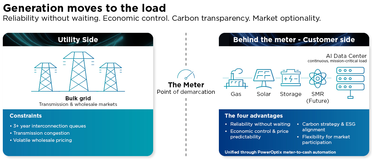 Diagram split by a meter: bulk grid with constraints on the utility side, on-site generation feeding a data center on the customer side.