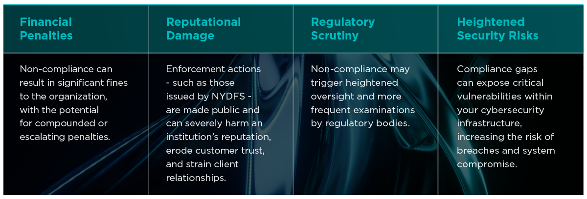 Non-compliance risks include: financial penalties from escalating fines, reputational damage from public enforcement actions, regulatory scrutiny with increased oversight, and heightened security risks from exposed vulnerabilities that can lead to breaches.