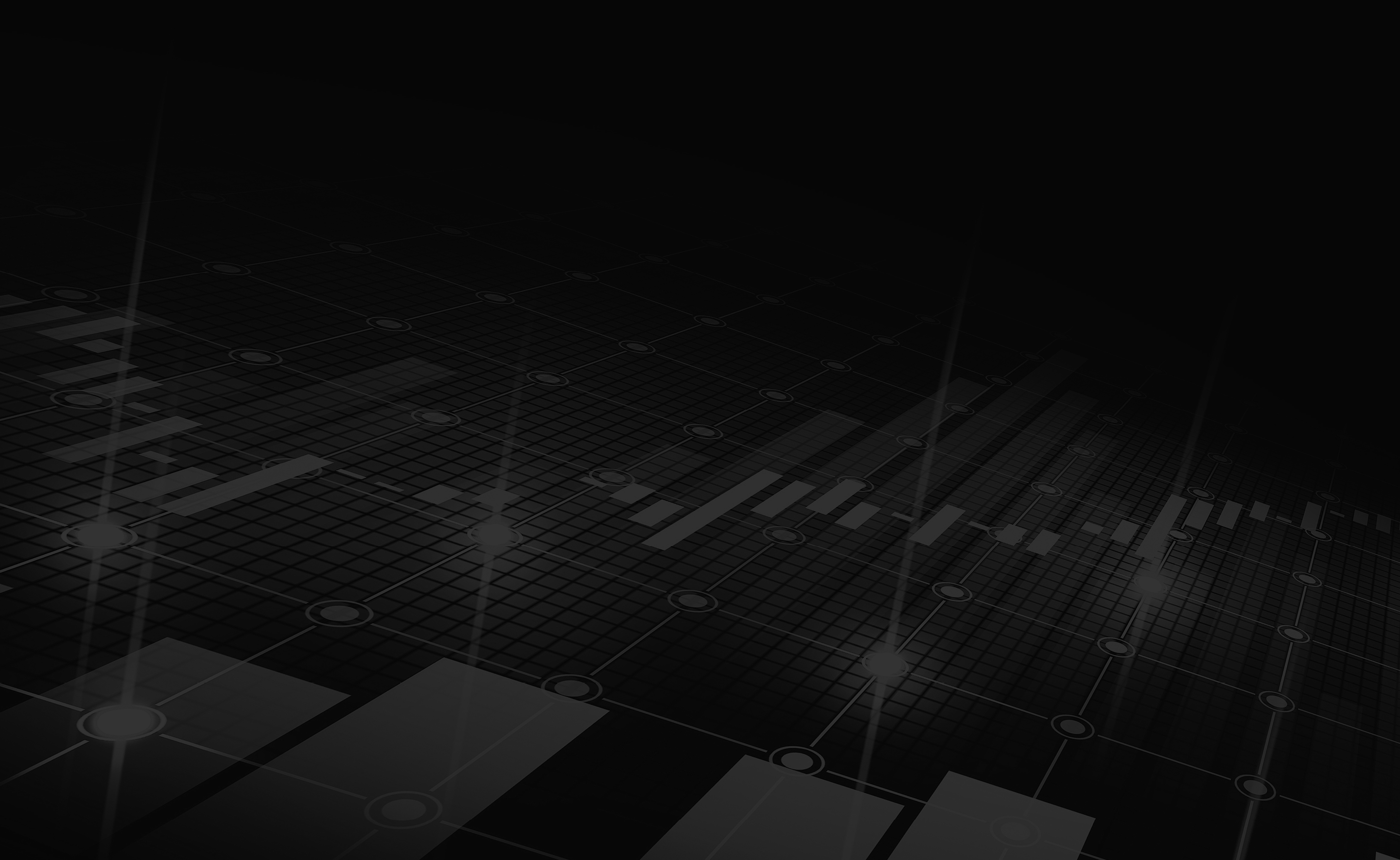 Black image of little squares enclosed by bigger squares with various bright circles with digital rays coming up out of them