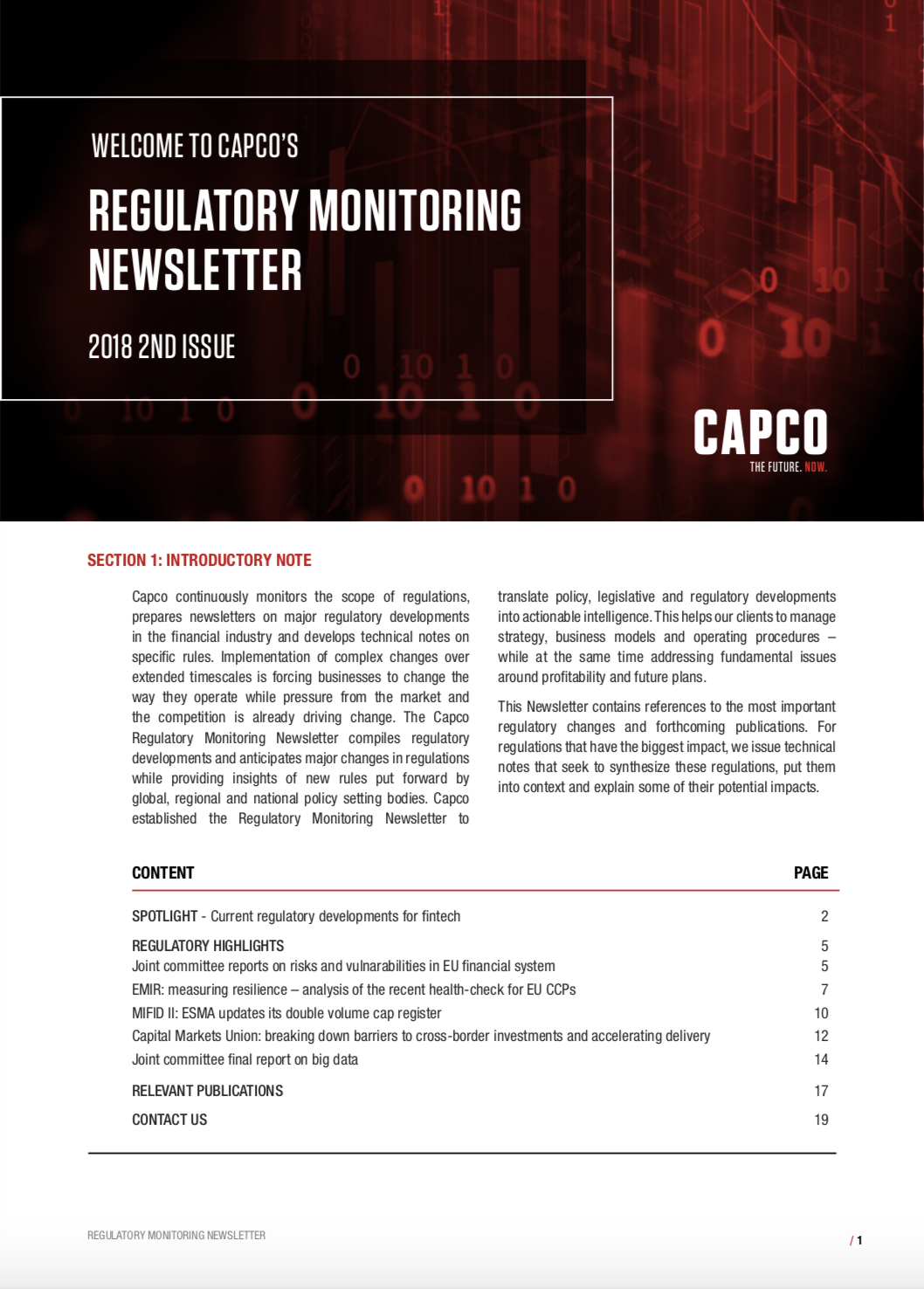 Capco's Regulatory Monitoring Newsletter Issue 2 2018 Front Cover